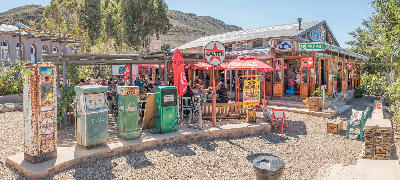 Vintage fuel pumps and outdoor café seating at Diesel & Crème in Barrydale along Route 62 in the Klein Karoo.