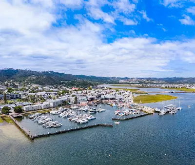 Aerial view of Thesen Island Marina and the Knysna Waterfront, showing boats, jetties and lagoon channels within the Knysna estuary on South Africa’s Garden Route.