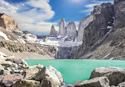 Laguna Torres with the granite towers of Torres del Paine in Torres del Paine National Park, Patagonia, Chile.