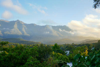 Low cloud hanging over the Langeberg Mountains behind the historic town of Swellendam in South Africa.