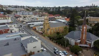 Aerial view of the Dutch Reformed Church and surrounding streets in the centre of Mossel Bay, Western Cape, South Africa.
