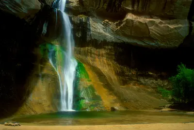 Lower Calf Creek Falls cascades down a dark sandstone alcove streaked with green vegetation into a tranquil pool.