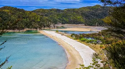 Low-tide sand flats and curving beach at Torrent Bay in Abel Tasman National Park, New Zealand.