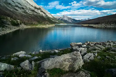 Medicine Lake with calm water, rocky foreground, and mountain peaks in the distance
