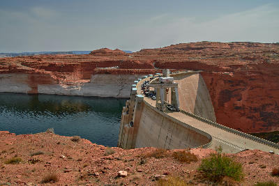 Glen Canyon Dam Lake Powell low water level exposed shoreline Page Arizona Colorado River reservoir