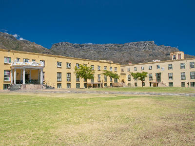Inner courtyard of the Castle of Good Hope with Table Mountain rising behind the historic fort in Cape Town, South Africa.