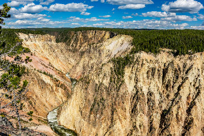 Wide view of the Grand Canyon of the Yellowstone from Lookout Point with the river winding below