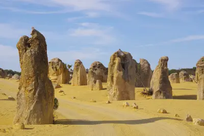Tall weathered limestone pinnacles rise beside a sandy track in the Pinnacles Desert.