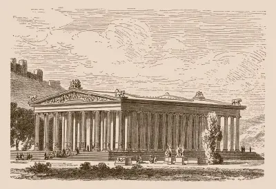 Engraved reconstruction showing the Temple of Artemis as a vast classical temple surrounded by rows of tall columns, with a broad staircase and decorated pediment.