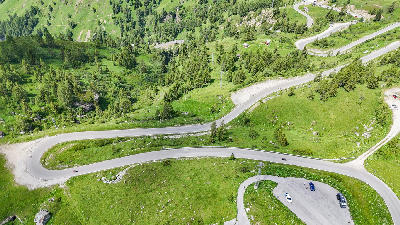 Hairpin road at Passo Giau mountain pass in the Dolomites, Italy.