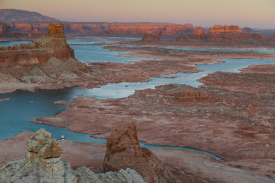 Lake Powell shoreline and sandstone formations at dusk from Alstrom Point, Arizona, USA