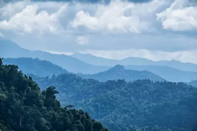 Layered blue mountain ridges and dense rainforest beneath a cloudy sky in the Atherton Tablelands, Queensland.