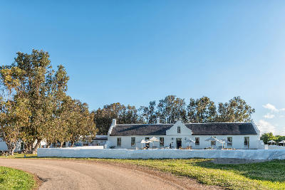 Historic Cape Dutch buildings at Geelbek Homestead in West Coast National Park near Langebaan, South Africa.