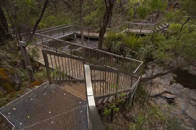 Boardwalks and viewing platforms wind through the forest around Beedelup Falls, giving visitors access to the steep slopes above Beedelup Brook.