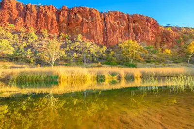 The towering red-orange cliff face of Glen Helen Gorge and its surrounding green bush vegetation reflect perfectly in the calm waterhole along the scenic Red Centre Way under a clear blue sky.