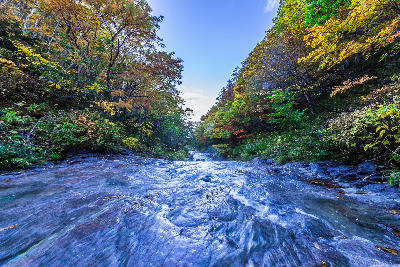 Fast-flowing stream running over smooth rock with autumn foliage at Kamuiwakka Hot Falls