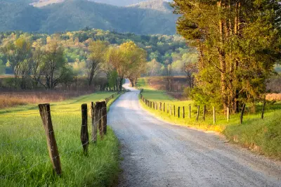Gravel road through green meadows and trees in Cades Cove with layered Smoky Mountain ridges in the background during morning light.