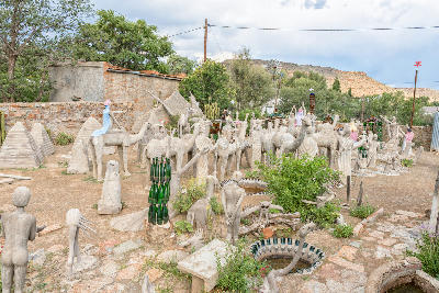 Concrete, glass and camel sculptures at the Owl House in Nieu-Bethesda, Eastern Cape, South Africa.
