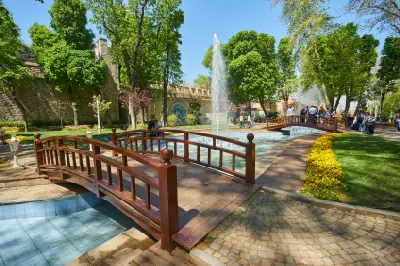 Fountains and wooden bridges surrounded by spring gardens in Gülhane Park in Istanbul’s Sultanahmet district.