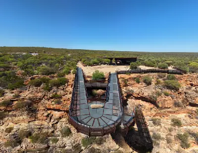 Aerial view of the twin cantilevered Kalbarri Skywalk platforms extending over the rocky gorge.