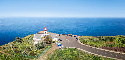 Drone view of Farol da Ponta do Pargo lighthouse on the cliffs of Madeira Island, Portugal.