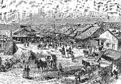 Historic illustration of Barberton during the Transvaal gold rush, showing prospectors, wagons and mining settlement buildings in the late 1800s.