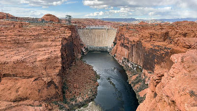 Glen Canyon Dam Colorado River downstream canyon view from overlook Page Arizona red rock landscape
