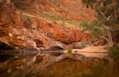 Still water reflects rugged red cliffs and river gums beside a sandy bank at Ormiston Gorge.