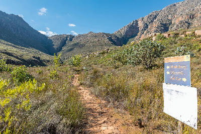 Hiking trail leading into the Cederberg Mountains from Algeria with directional signs for Middelberg, Waterfall and Die Gat routes.