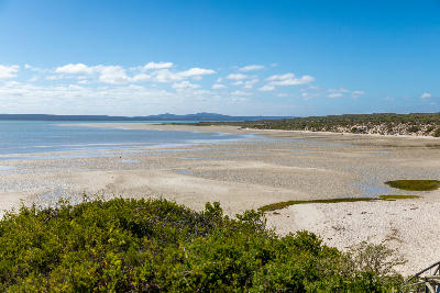 Tidal sandbanks and shallow waters along the shoreline of Langebaan Lagoon in West Coast National Park, South Africa.