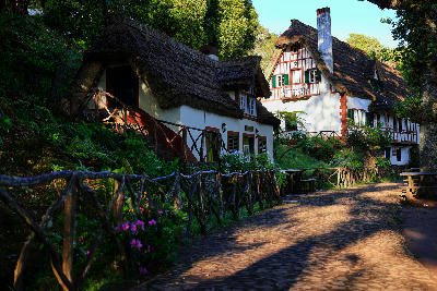 Thatched-roof houses beside a stone path in Queimadas Forest Park, surrounded by dense green laurel forest in Madeira.