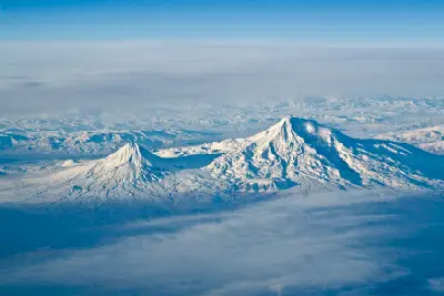 Aerial view of snow-covered Greater Ararat and Little Ararat in Eastern Turkey.