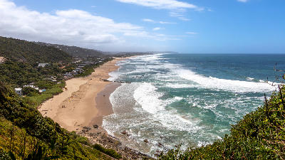 Panoramic view of Wilderness Beach and the Indian Ocean coastline on South Africa’s Garden Route.