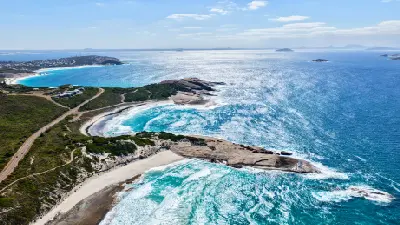 Aerial view of white-sand beaches, turquoise water, granite headlands and Great Ocean Drive along the Esperance coast, Western Australia.
