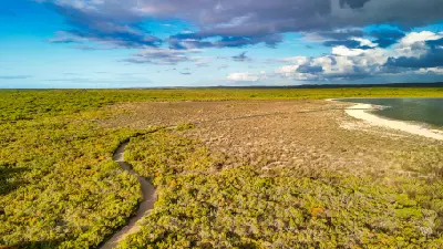 Winding walking trail crosses low coastal vegetation towards the shoreline of Lake Thetis beneath dramatic clouds.