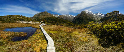 Boardwalk trail across alpine wetlands on Key Summit with snow-capped mountains beyond, Routeburn Track, Fiordland National Park, New Zealand.
