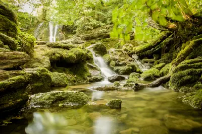 Janet's Foss waterfall flowing over moss-covered rocks into a clear woodland pool surrounded by lush green foliage in the Yorkshire Dales.
