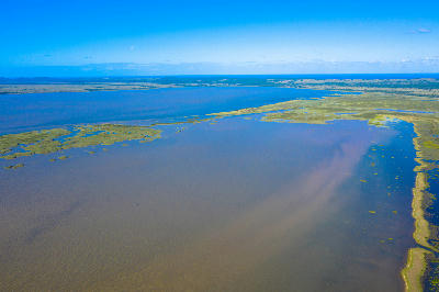 Drone view of Lake St Lucia, showing open water, wetland islands and floodplain habitats within iSimangaliso Wetland Park, KwaZulu-Natal, South Africa.