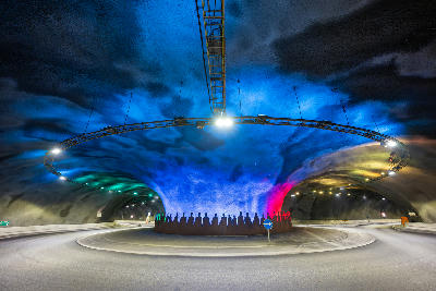 Underwater roundabout in the Eysturoy Tunnel in the Faroe Islands connecting the islands of Streymoy and Eysturoy.
