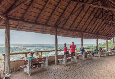 Viewing deck at Olifants Rest Camp with visitors overlooking the Olifants River valley in Kruger National Park, South Africa.