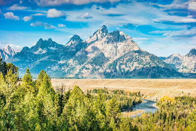 Snake River winding through green forest with the Teton Range under blue sky, viewed from Snake River Overlook, Grand Teton National Park, Wyoming.