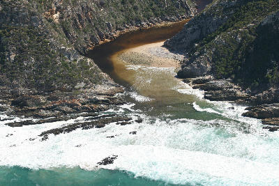 Aerial view of the Bloukrans River Mouth and lower gorge on the Garden Route near Nature's Valley.
