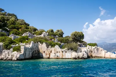 Partially submerged ancient Lycian ruins along the turquoise coast of Kekova Island, Turkey.