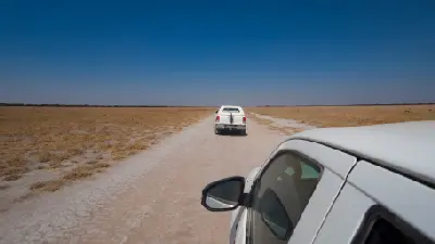 Safari vehicles driving across the open plains of Deception Valley in the Central Kalahari Game Reserve, Botswana.