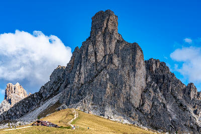 Ra Gusela rock tower above Passo Giau mountain pass in the Dolomites, Italy.