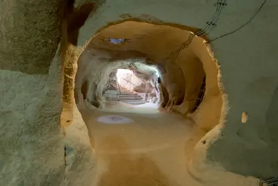 Illuminated underground passage leading to a stairway inside Derinkuyu Underground City in Cappadocia, Turkey.
