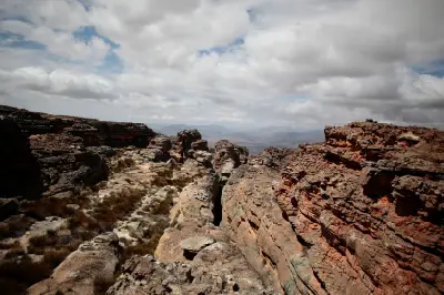 Sandstone cliffs and rocky plateau landscapes on the upper slopes of Wolfberg in the Cederberg Wilderness Area, Western Cape, South Africa.