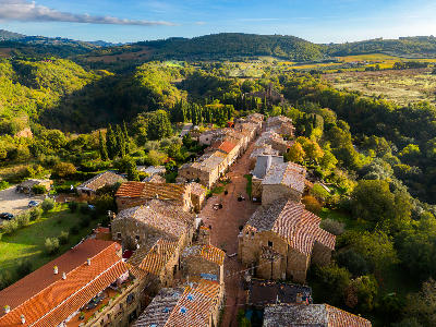 Aerial view of the medieval village of Sovana surrounded by countryside in Maremma, Tuscany, Italy.