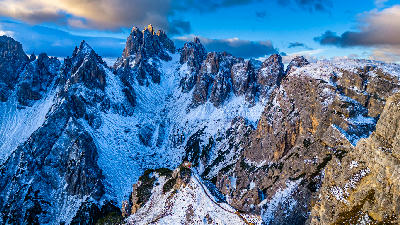 Cadini di Misurina mountain spires from the ridge viewpoint near Tre Cime in the Dolomites, Italy.