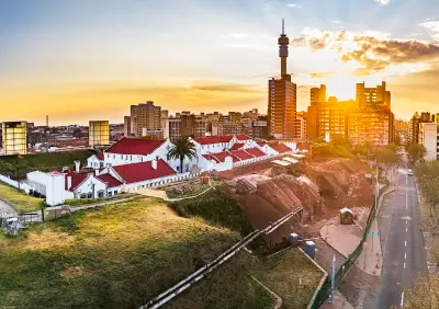 Constitution Hill and Johannesburg skyline at sunrise, viewed from the historic prison complex.